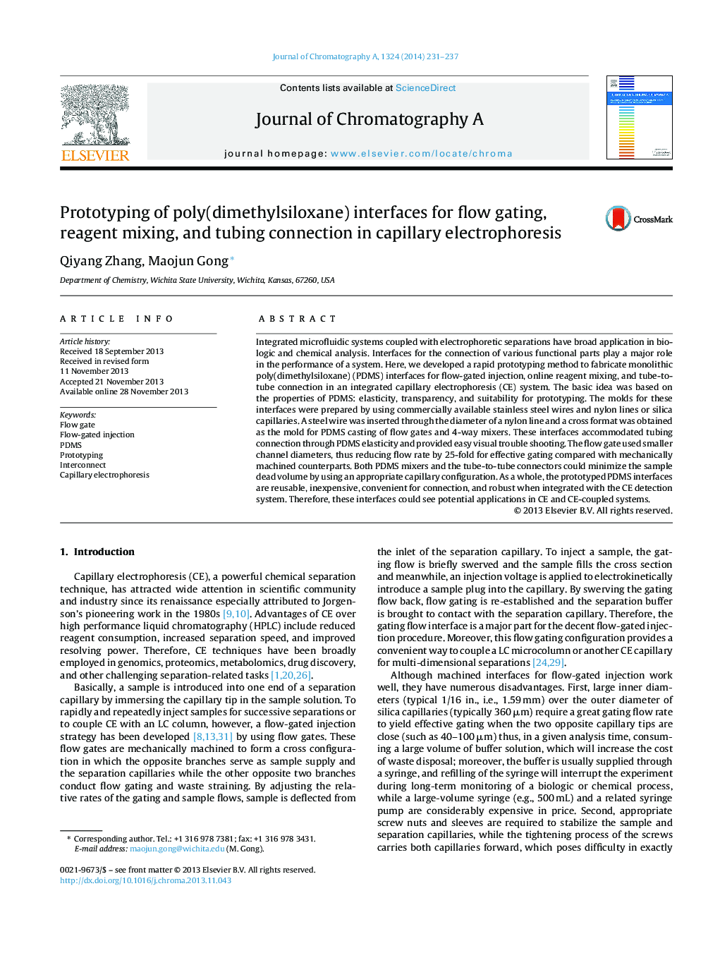 Prototyping of poly(dimethylsiloxane) interfaces for flow gating, reagent mixing, and tubing connection in capillary electrophoresis