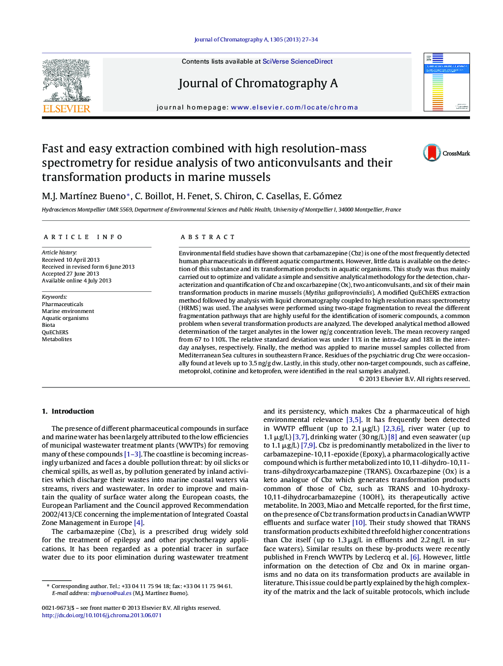 Fast and easy extraction combined with high resolution-mass spectrometry for residue analysis of two anticonvulsants and their transformation products in marine mussels