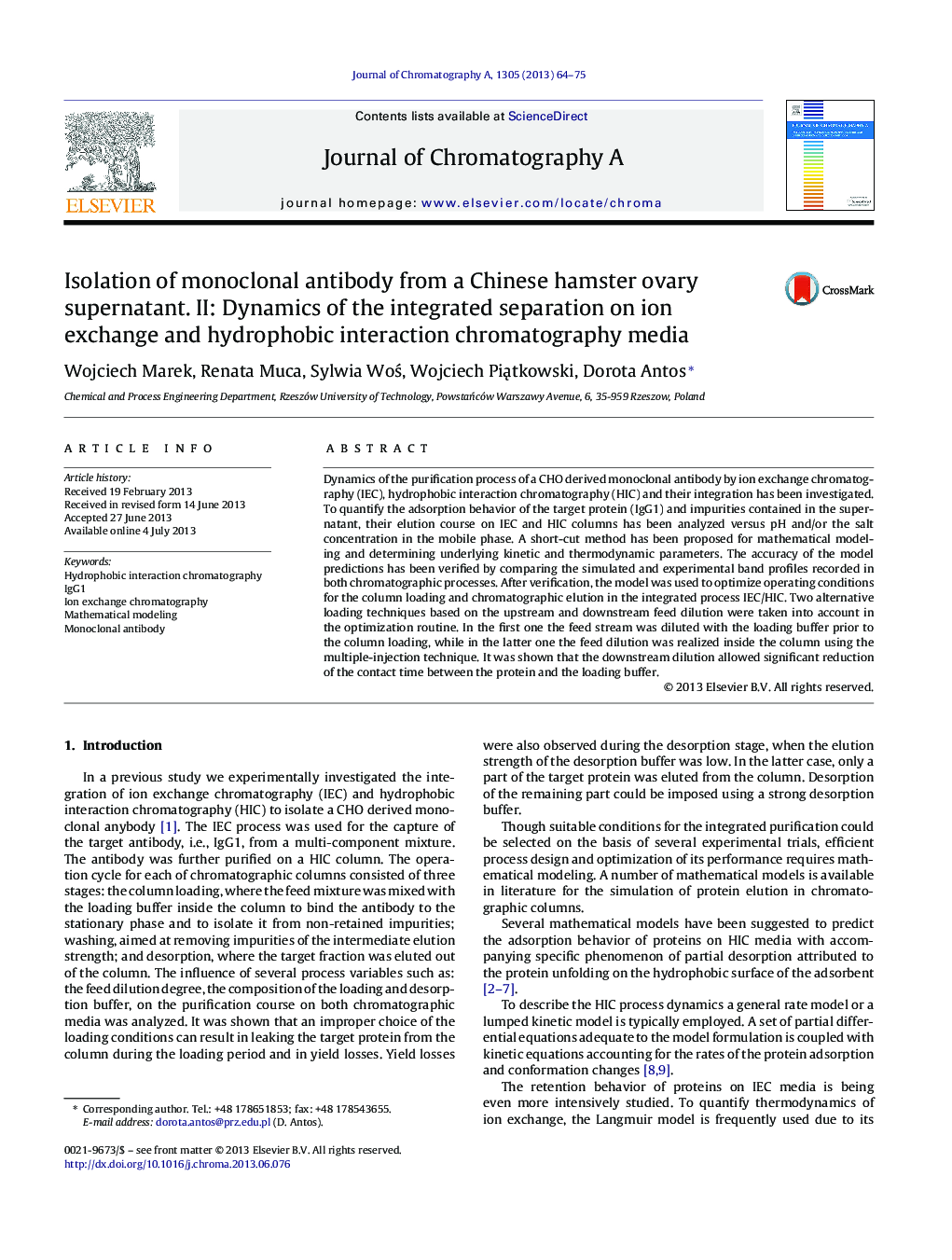 Isolation of monoclonal antibody from a Chinese hamster ovary supernatant. II: Dynamics of the integrated separation on ion exchange and hydrophobic interaction chromatography media