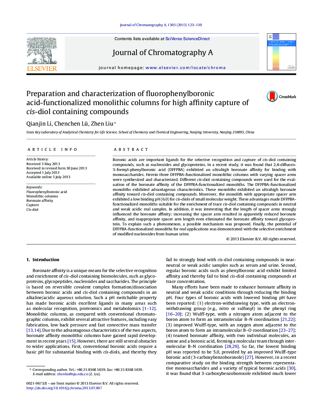 Preparation and characterization of fluorophenylboronic acid-functionalized monolithic columns for high affinity capture of cis-diol containing compounds