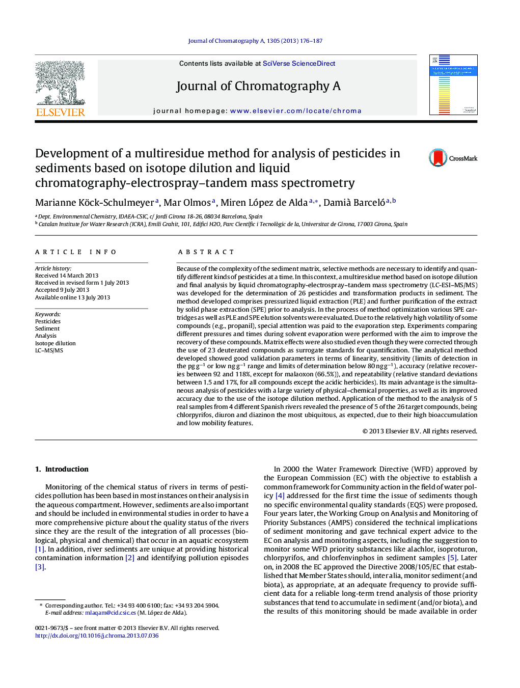 Development of a multiresidue method for analysis of pesticides in sediments based on isotope dilution and liquid chromatography-electrospray-tandem mass spectrometry