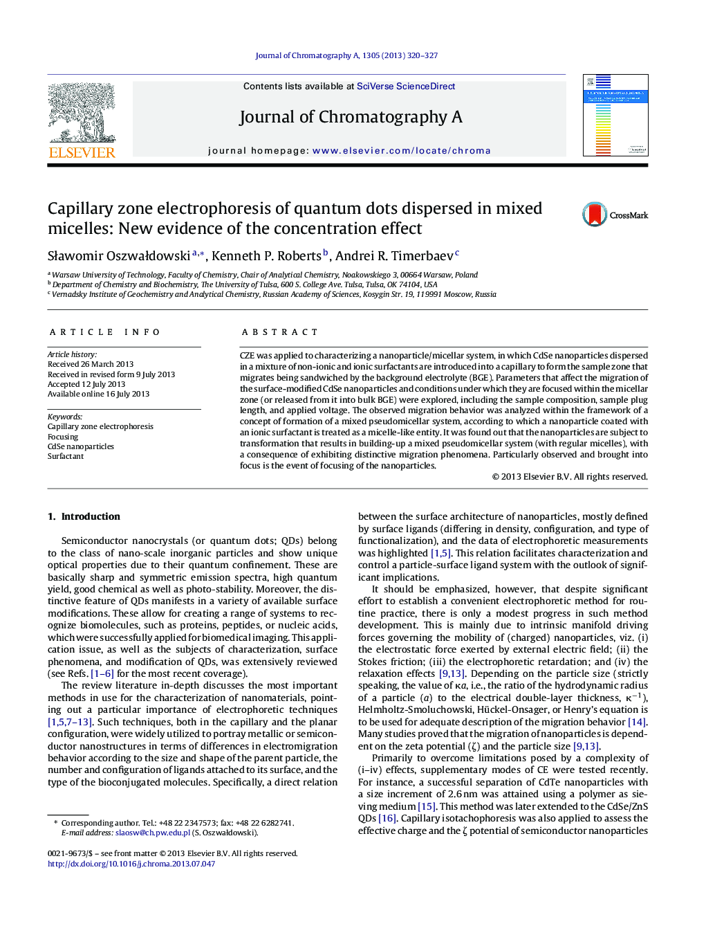 Capillary zone electrophoresis of quantum dots dispersed in mixed micelles: New evidence of the concentration effect