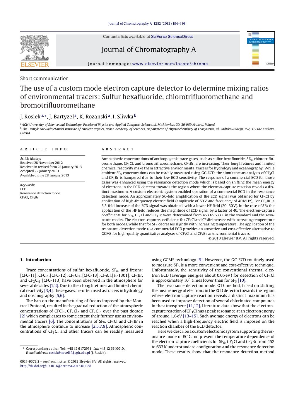 استفاده از یک آشکارساز جذب الکترون الکترونیک برای تعیین نسبت های مخلوطی از ردیاب های زیست محیطی: هگزافلورید سولفور، کلرتیفرولورمتن و بروموتریفورورمتین 