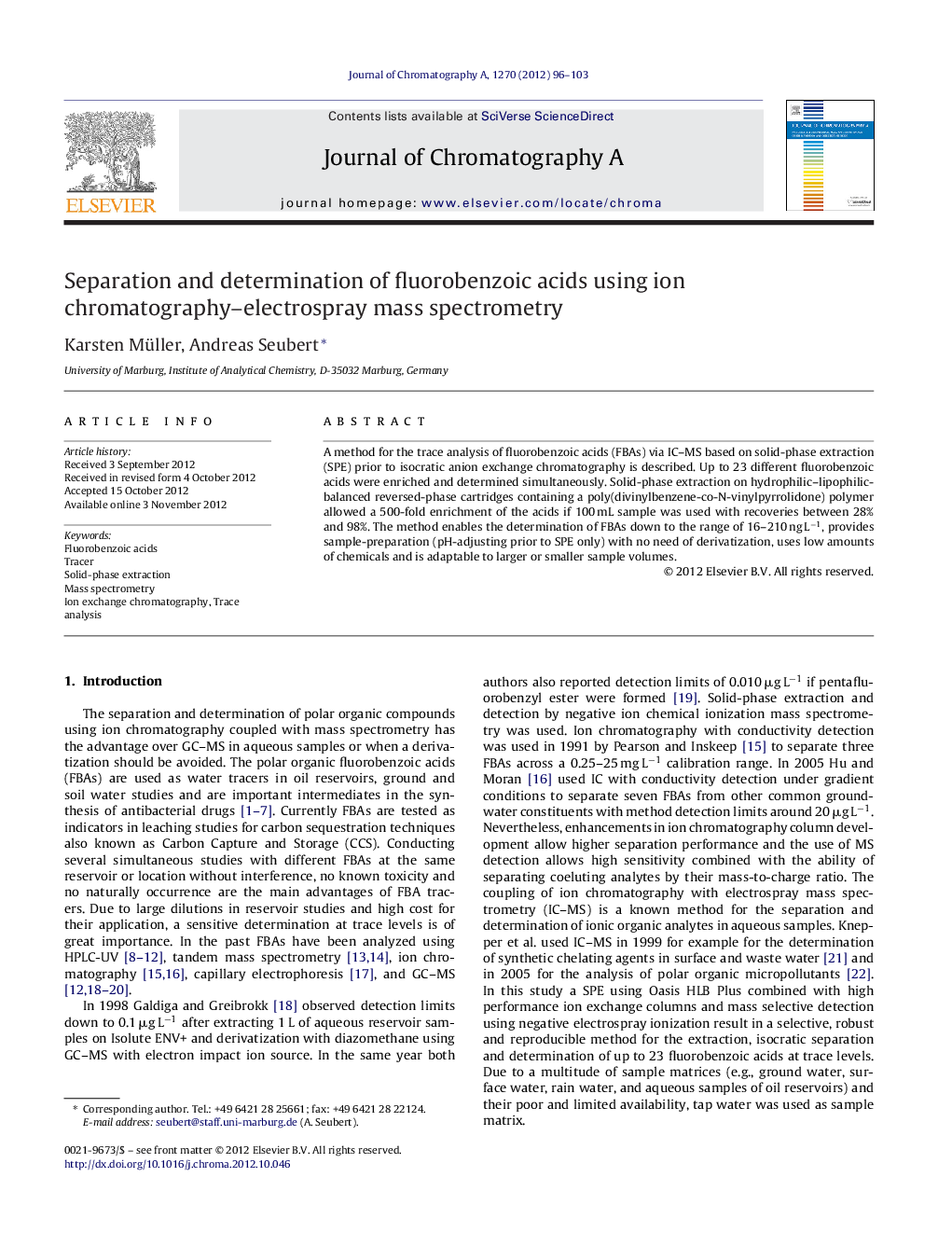 Separation and determination of fluorobenzoic acids using ion chromatography-electrospray mass spectrometry