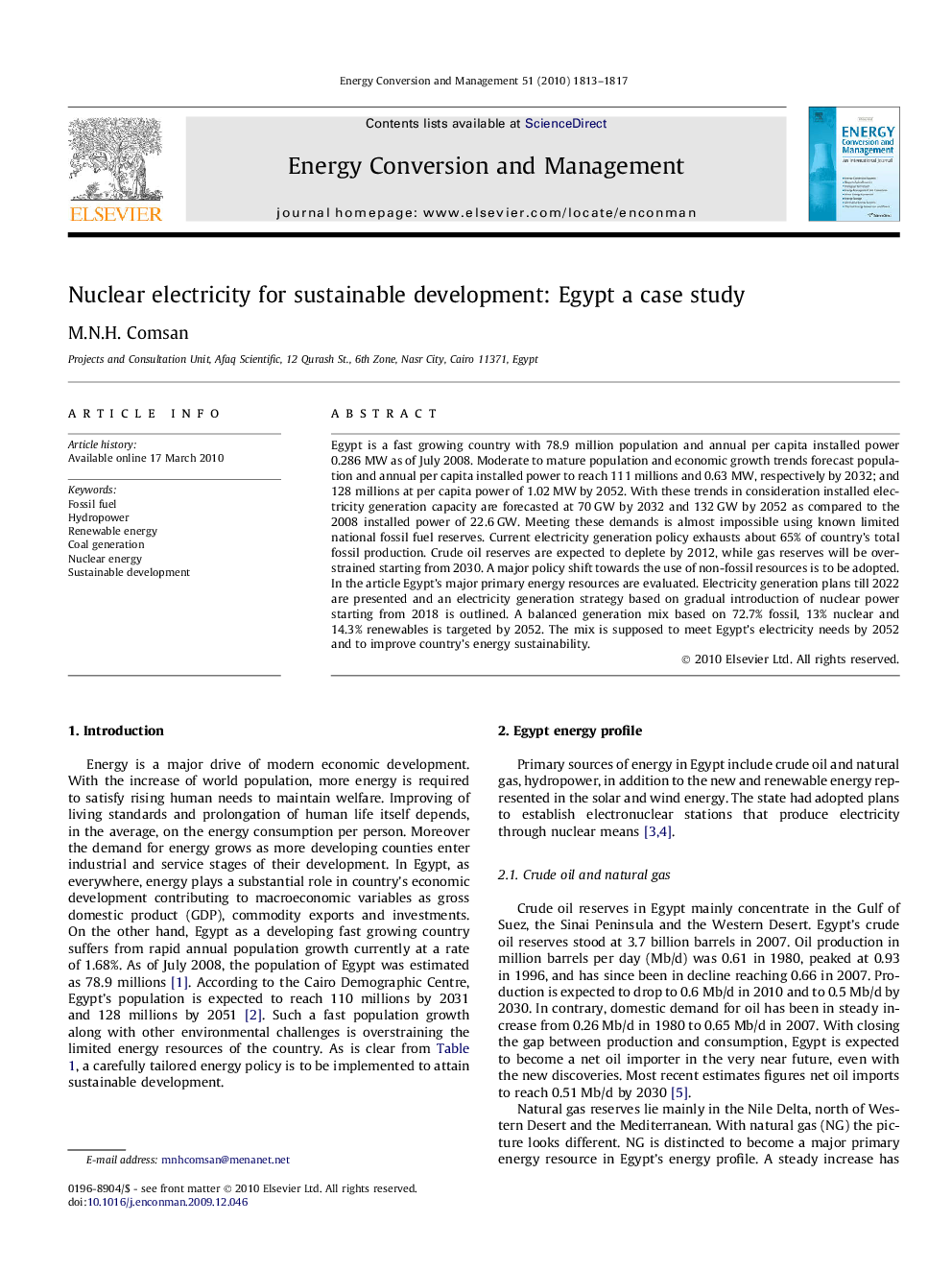 Nuclear electricity for sustainable development: Egypt a case study