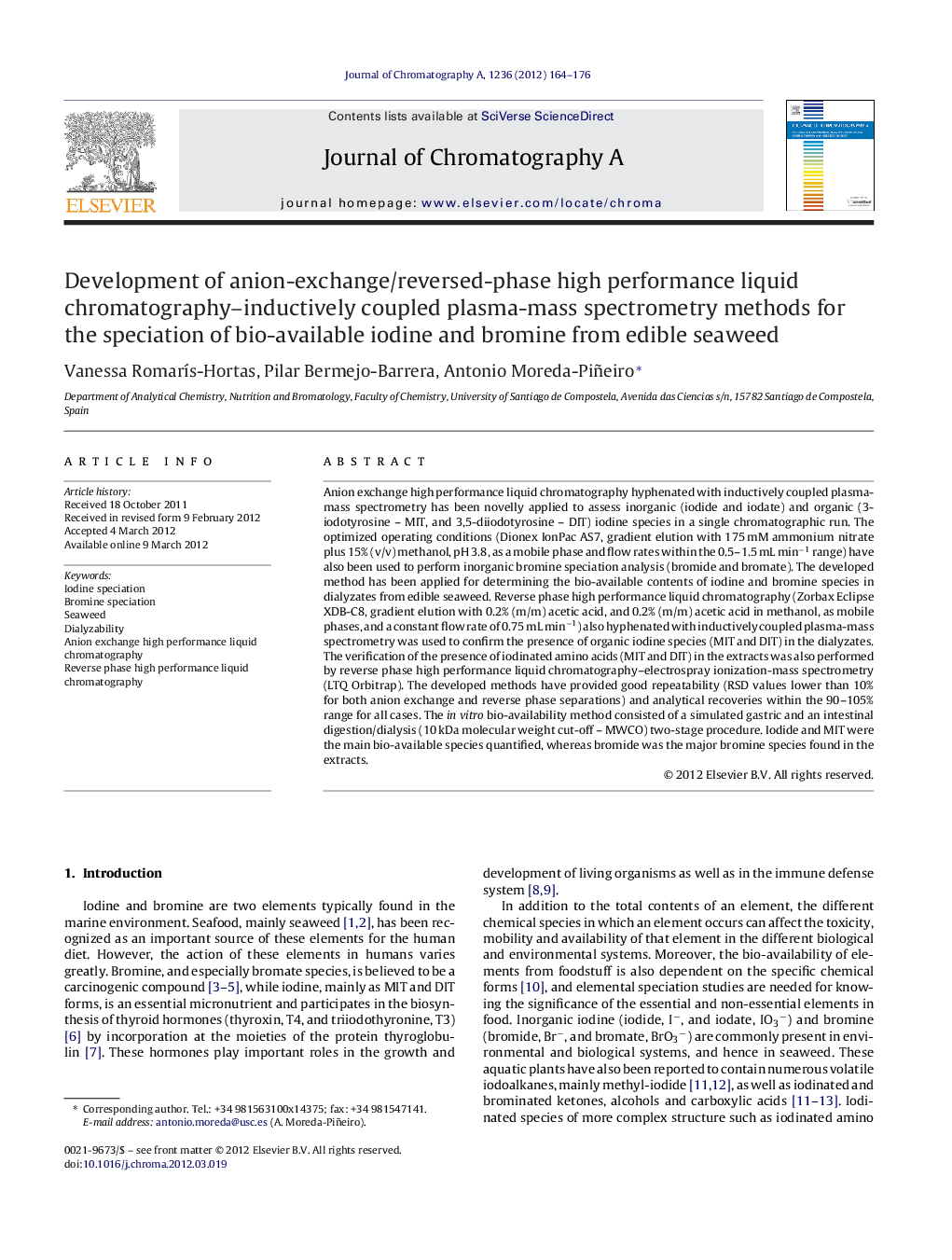 Development of anion-exchange/reversed-phase high performance liquid chromatography-inductively coupled plasma-mass spectrometry methods for the speciation of bio-available iodine and bromine from edible seaweed