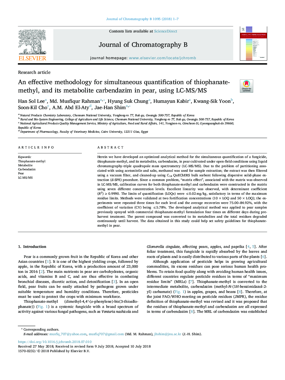 An effective methodology for simultaneous quantification of thiophanate-methyl, and its metabolite carbendazim in pear, using LC-MS/MS