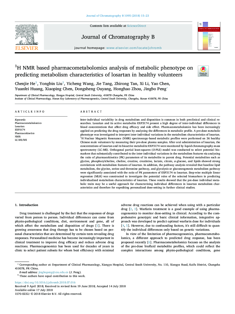 1H NMR based pharmacometabolomics analysis of metabolic phenotype on predicting metabolism characteristics of losartan in healthy volunteers