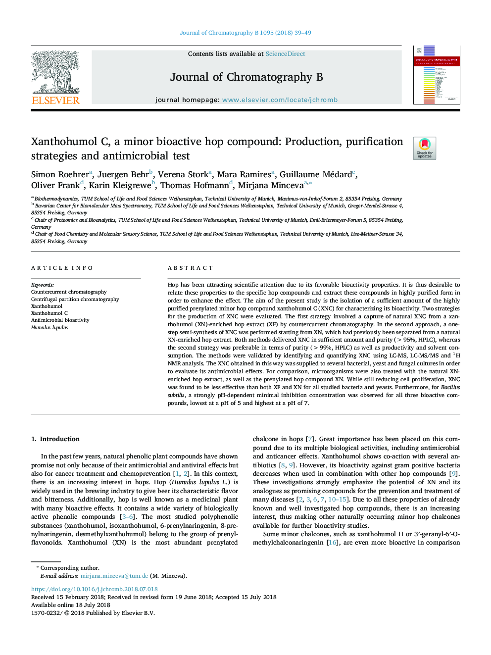 Xanthohumol C, a minor bioactive hop compound: Production, purification strategies and antimicrobial test