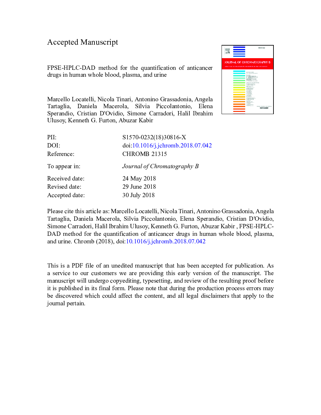 FPSE-HPLC-DAD method for the quantification of anticancer drugs in human whole blood, plasma, and urine