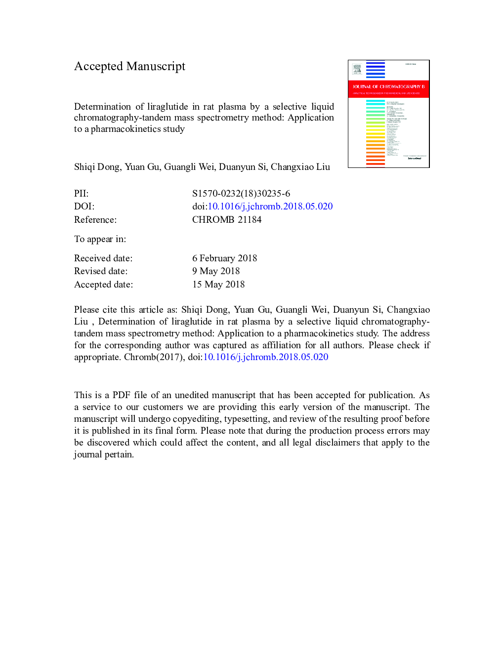 Determination of liraglutide in rat plasma by a selective liquid chromatography-tandem mass spectrometry method: Application to a pharmacokinetics study