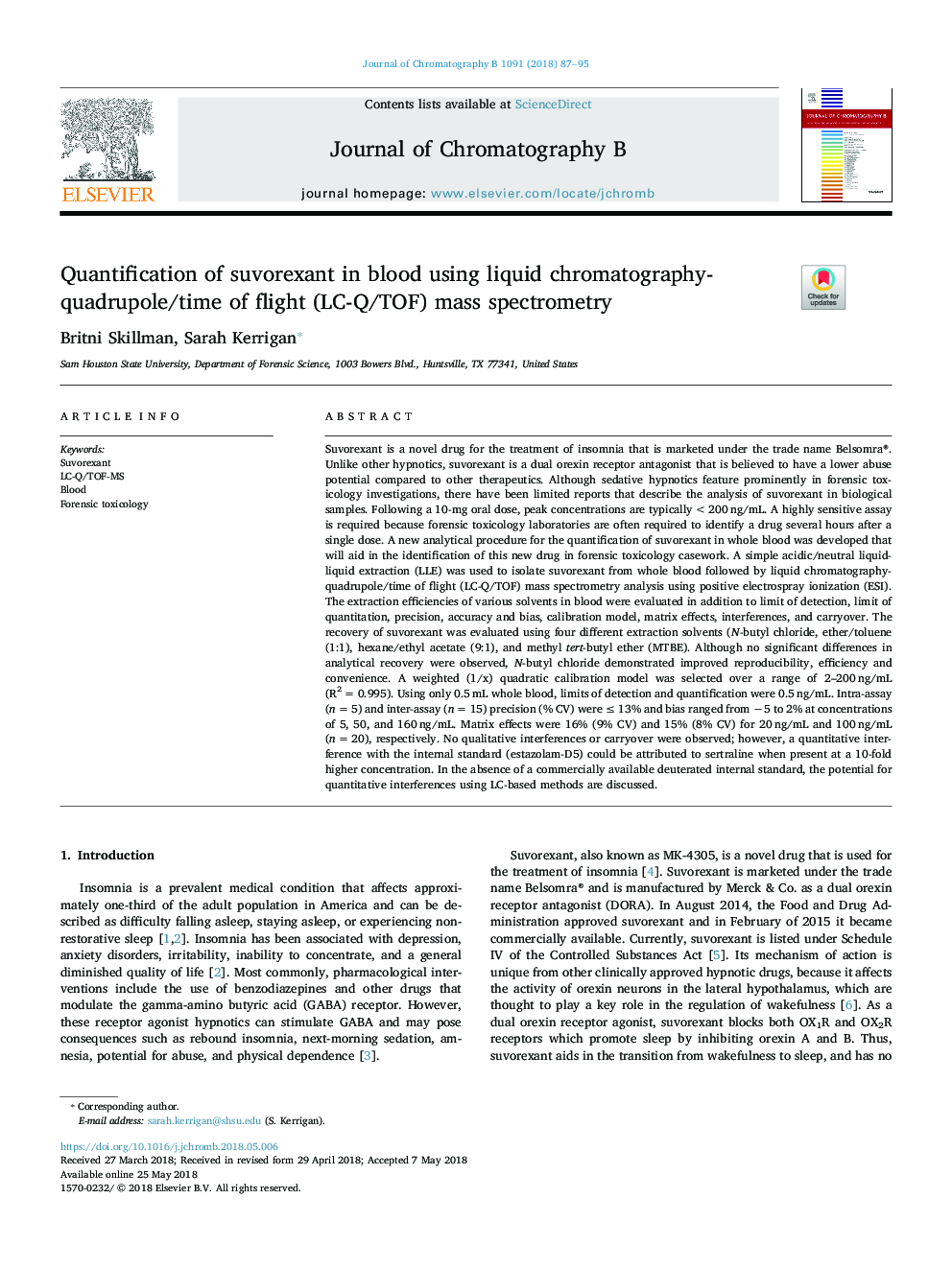 عکس صفحه اول مقاله: Quantification of suvorexant in blood using liquid chromatography-quadrupole/time of flight (LC-Q/TOF) mass spectrometry Quantification of suvorexant in blood using liquid chromatography-quadrupole/time of flight (LC-Q/TOF) mass spectrometry