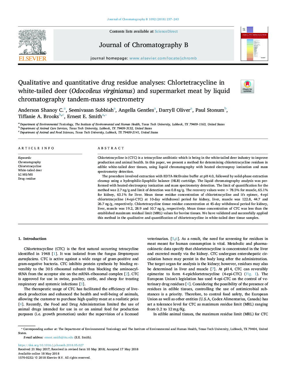 Qualitative and quantitative drug residue analyses: Chlortetracycline in white-tailed deer (Odocoileus virginianus) and supermarket meat by liquid chromatography tandem-mass spectrometry