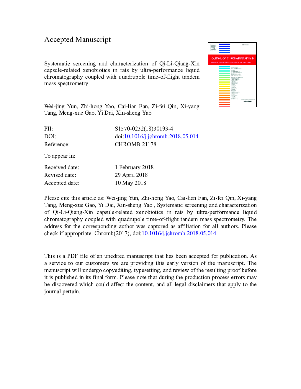 Systematic screening and characterization of Qi-Li-Qiang-Xin capsule-related xenobiotics in rats by ultra-performance liquid chromatography coupled with quadrupole time-of-flight tandem mass spectrometry