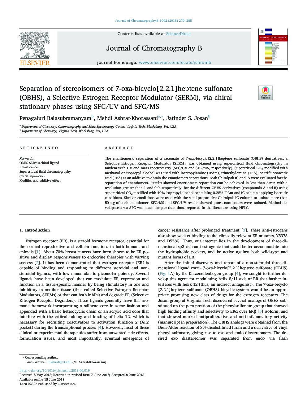 Separation of stereoisomers of 7-oxa-bicyclo[2.2.1]heptene sulfonate (OBHS), a Selective Estrogen Receptor Modulator (SERM), via chiral stationary phases using SFC/UV and SFC/MS