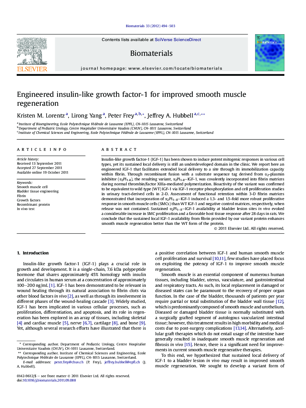 Engineered insulin-like growth factor-1 for improved smooth muscle regeneration