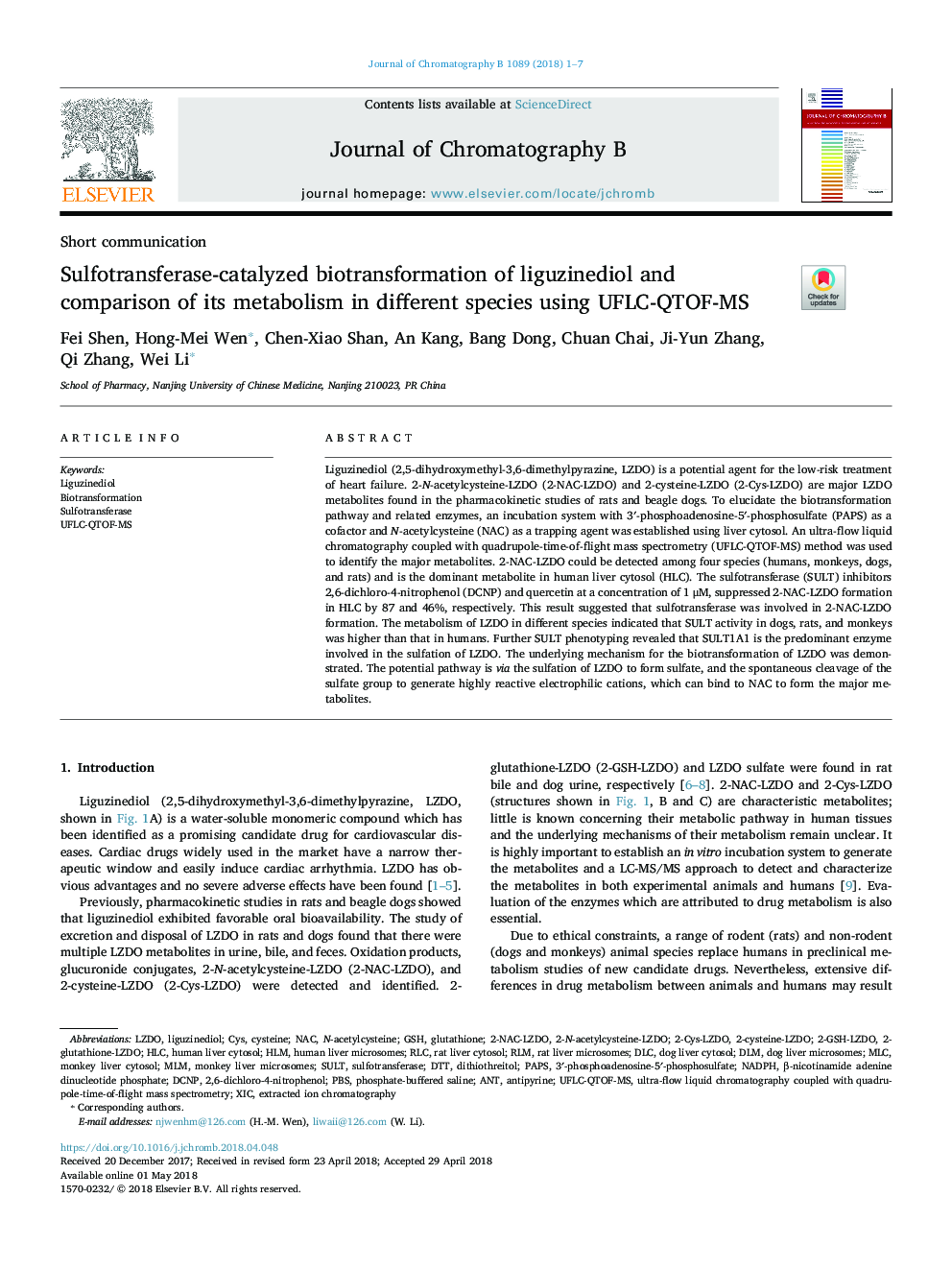 Sulfotransferase-catalyzed biotransformation of liguzinediol and comparison of its metabolism in different species using UFLC-QTOF-MS