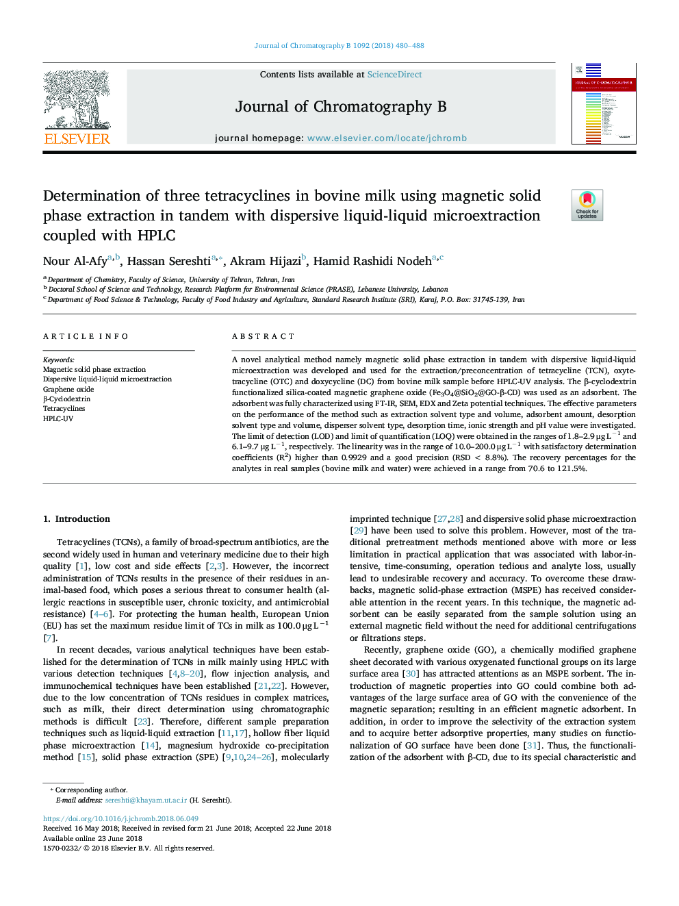 Determination of three tetracyclines in bovine milk using magnetic solid phase extraction in tandem with dispersive liquid-liquid microextraction coupled with HPLC