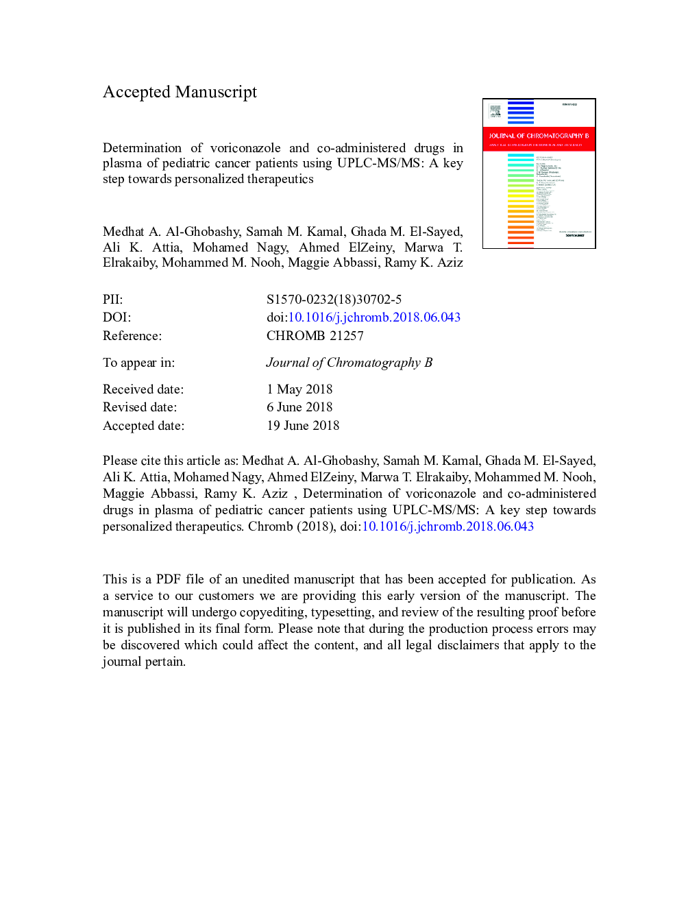 Determination of voriconazole and co-administered drugs in plasma of pediatric cancer patients using UPLC-MS/MS: A key step towards personalized therapeutics