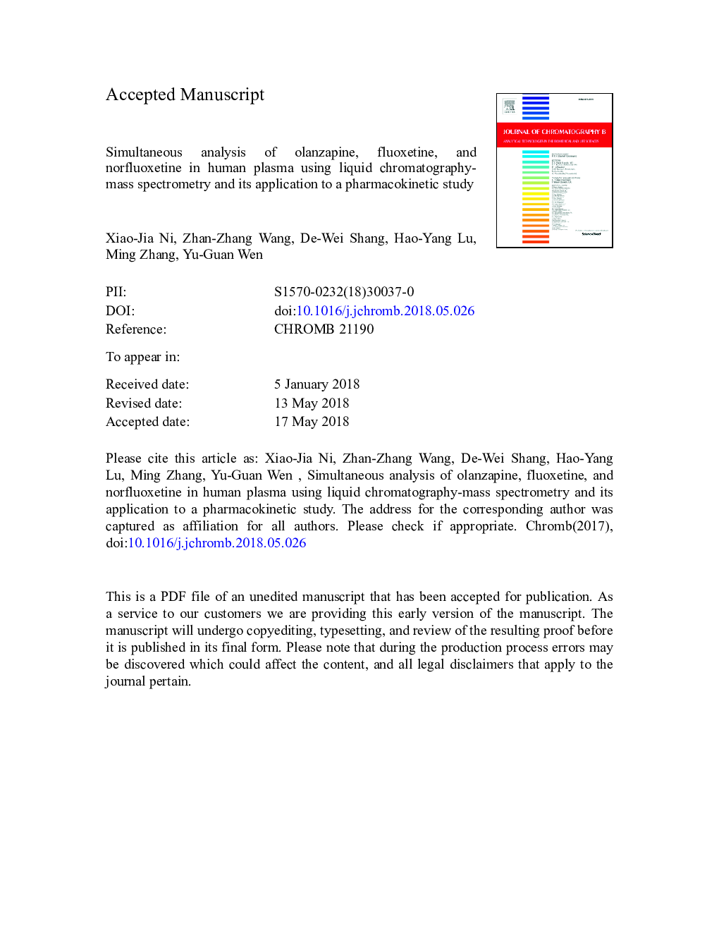 Simultaneous analysis of olanzapine, fluoxetine, and norfluoxetine in human plasma using liquid chromatography-mass spectrometry and its application to a pharmacokinetic study