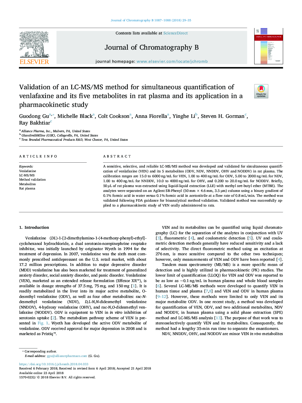 Validation of an LC-MS/MS method for simultaneous quantification of venlafaxine and its five metabolites in rat plasma and its application in a pharmacokinetic study
