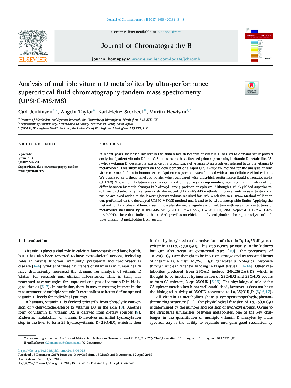 Analysis of multiple vitamin D metabolites by ultra-performance supercritical fluid chromatography-tandem mass spectrometry (UPSFC-MS/MS)