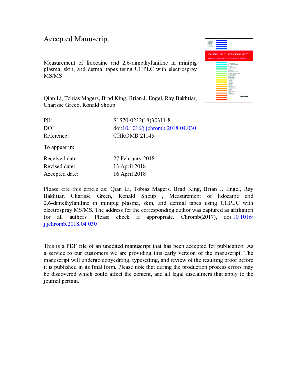 Measurement of lidocaine and 2,6-dimethylaniline in minipig plasma, skin, and dermal tapes using UHPLC with electrospray MS/MS