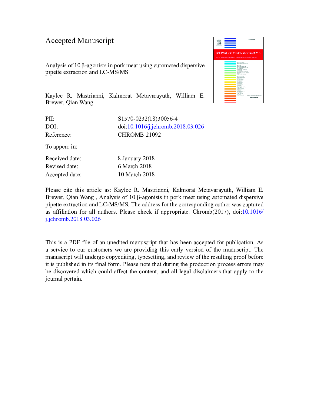 Analysis of 10 Î²-agonists in pork meat using automated dispersive pipette extraction and LC-MS/MS