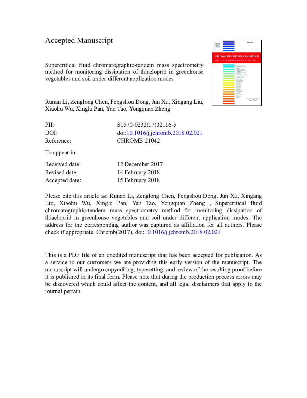 Supercritical fluid chromatographic-tandem mass spectrometry method for monitoring dissipation of thiacloprid in greenhouse vegetables and soil under different application modes