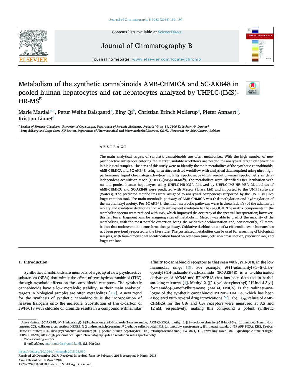 Metabolism of the synthetic cannabinoids AMB-CHMICA and 5C-AKB48 in pooled human hepatocytes and rat hepatocytes analyzed by UHPLC-(IMS)-HR-MSE