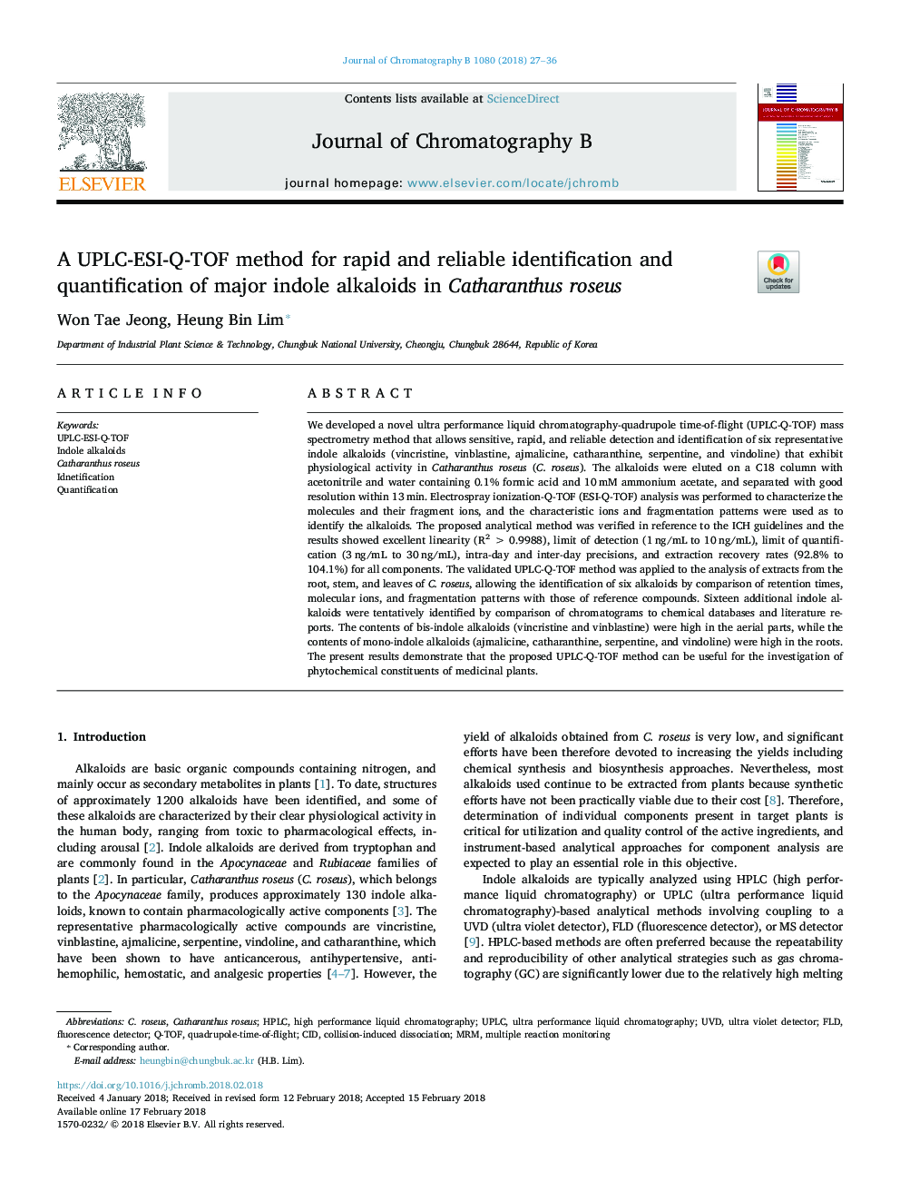 A UPLC-ESI-Q-TOF method for rapid and reliable identification and quantification of major indole alkaloids in Catharanthus roseus