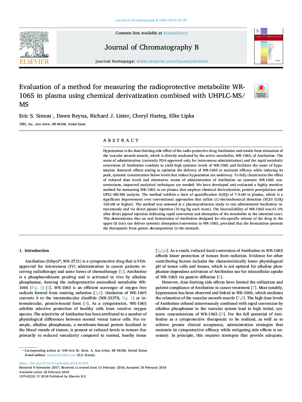 Evaluation of a method for measuring the radioprotective metabolite WR-1065 in plasma using chemical derivatization combined with UHPLC-MS/MS