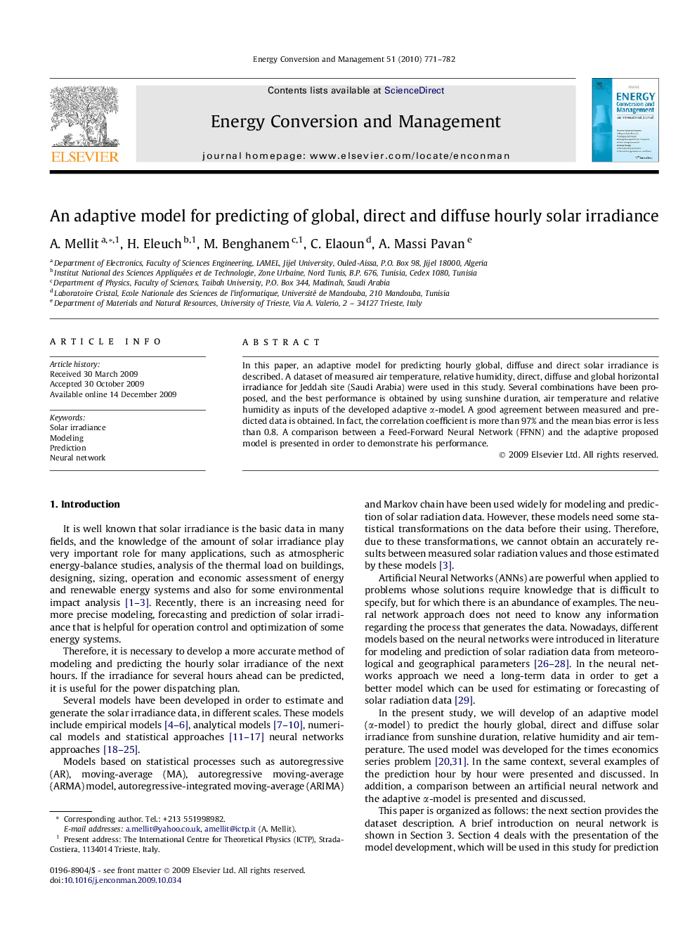 An adaptive model for predicting of global, direct and diffuse hourly solar irradiance