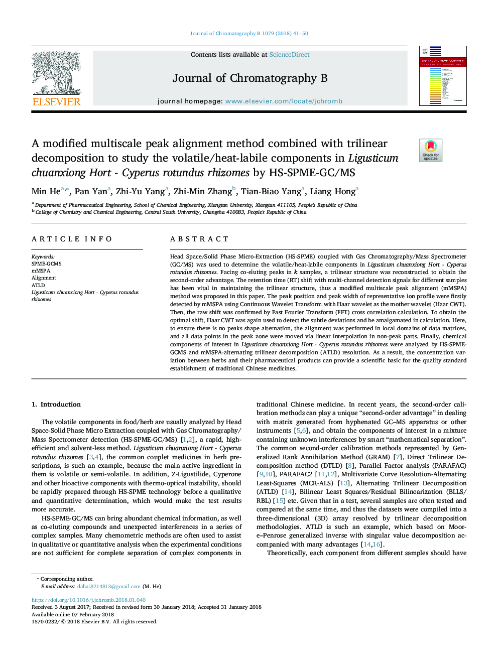 A modified multiscale peak alignment method combined with trilinear decomposition to study the volatile/heat-labile components in Ligusticum chuanxiong Hort - Cyperus rotundus rhizomes by HS-SPME-GC/MS