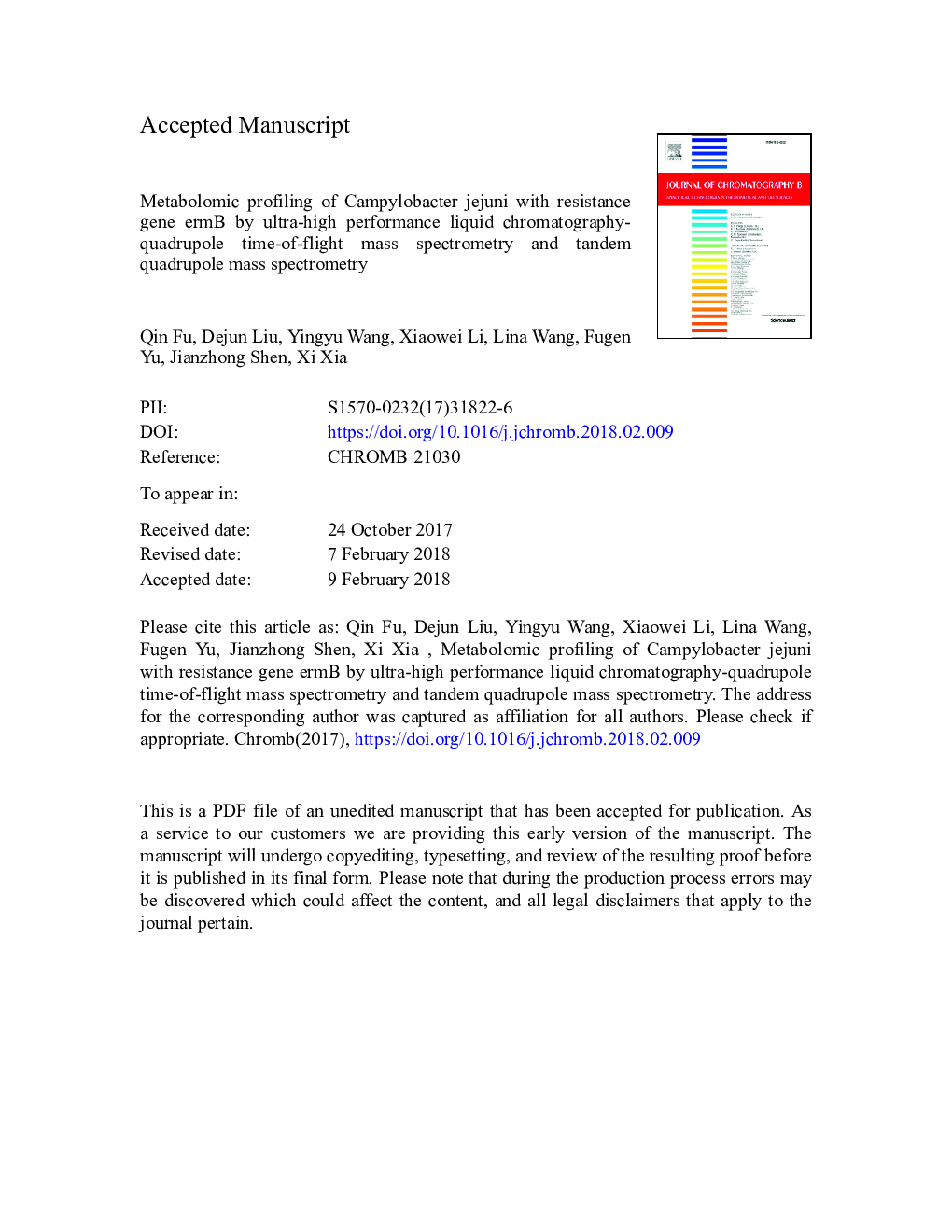 Metabolomic profiling of Campylobacter jejuni with resistance gene ermB by ultra-high performance liquid chromatography-quadrupole time-of-flight mass spectrometry and tandem quadrupole mass spectrometry