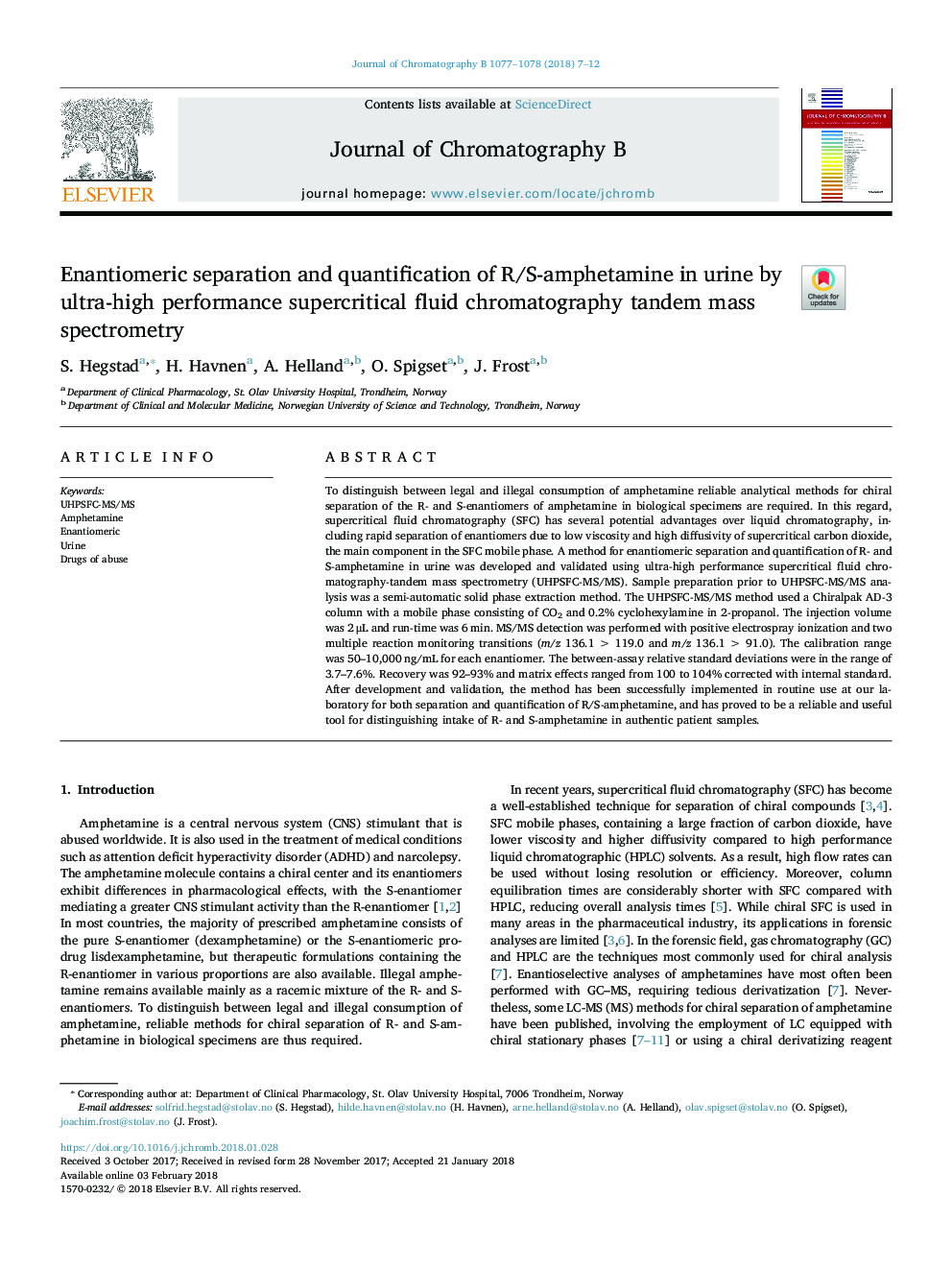 Enantiomeric separation and quantification of R/S-amphetamine in urine by ultra-high performance supercritical fluid chromatography tandem mass spectrometry