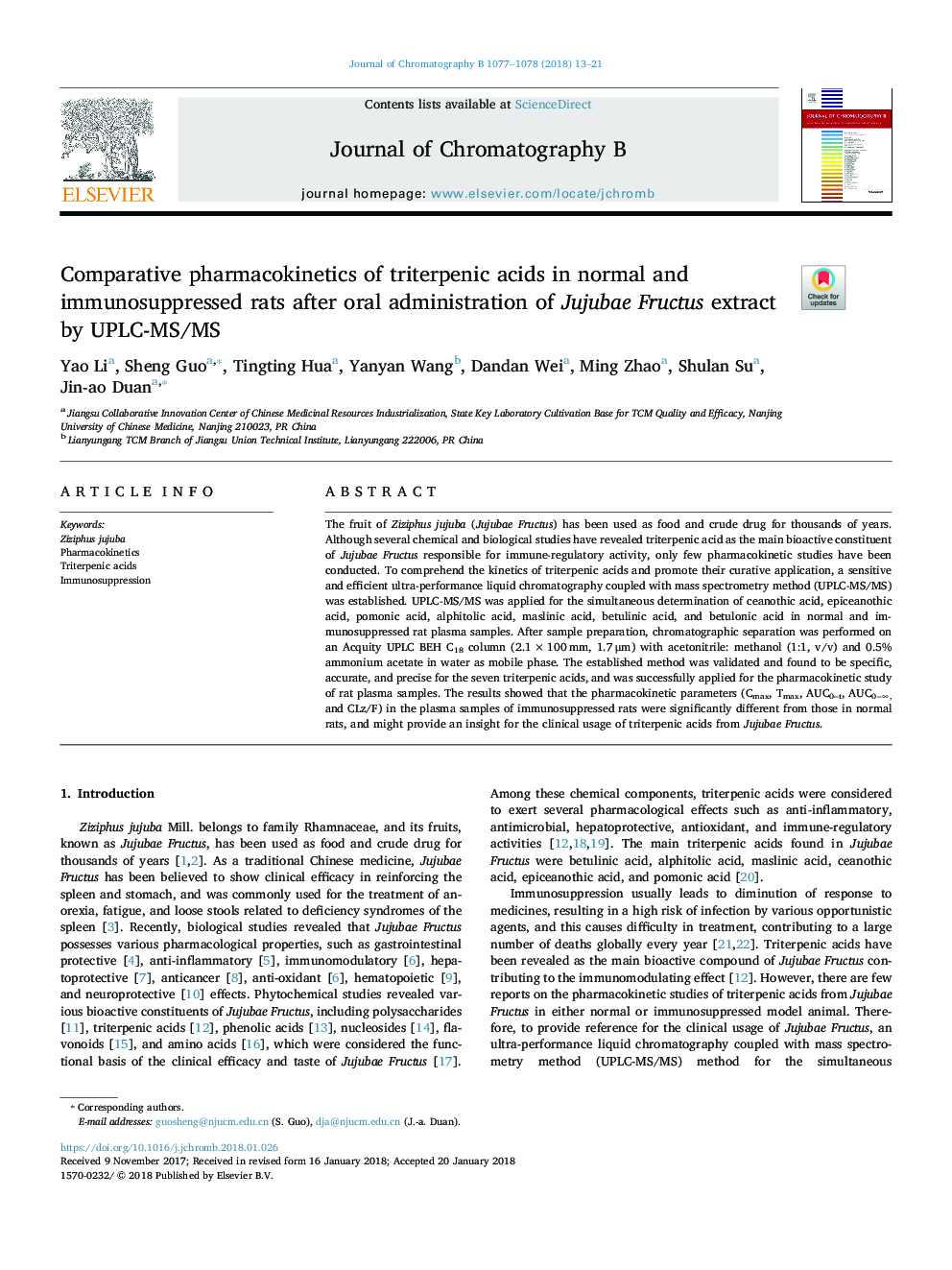 Comparative pharmacokinetics of triterpenic acids in normal and immunosuppressed rats after oral administration of Jujubae Fructus extract by UPLC-MS/MS