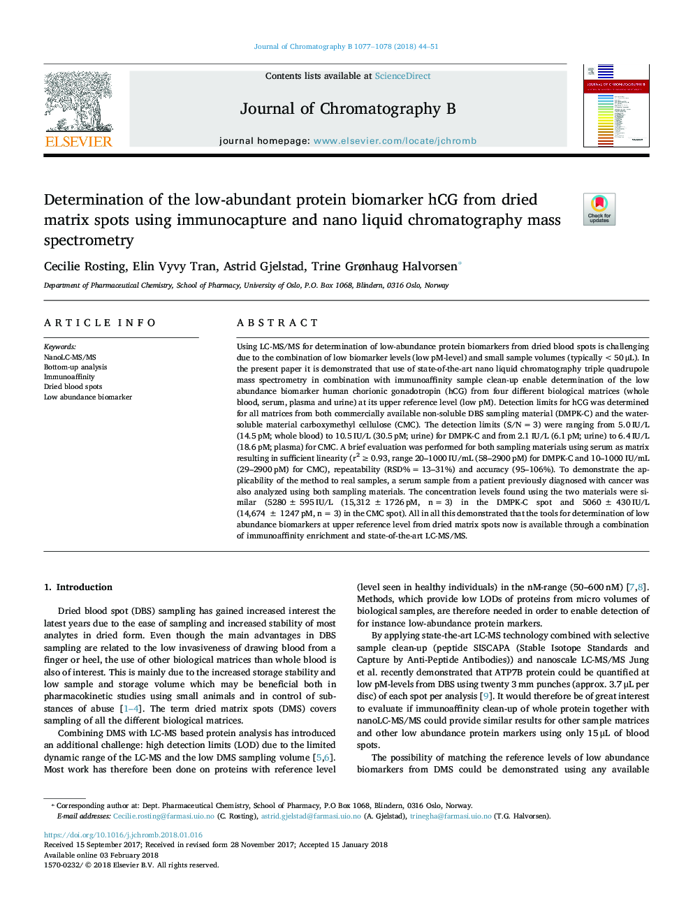 Determination of the low-abundant protein biomarker hCG from dried matrix spots using immunocapture and nano liquid chromatography mass spectrometry