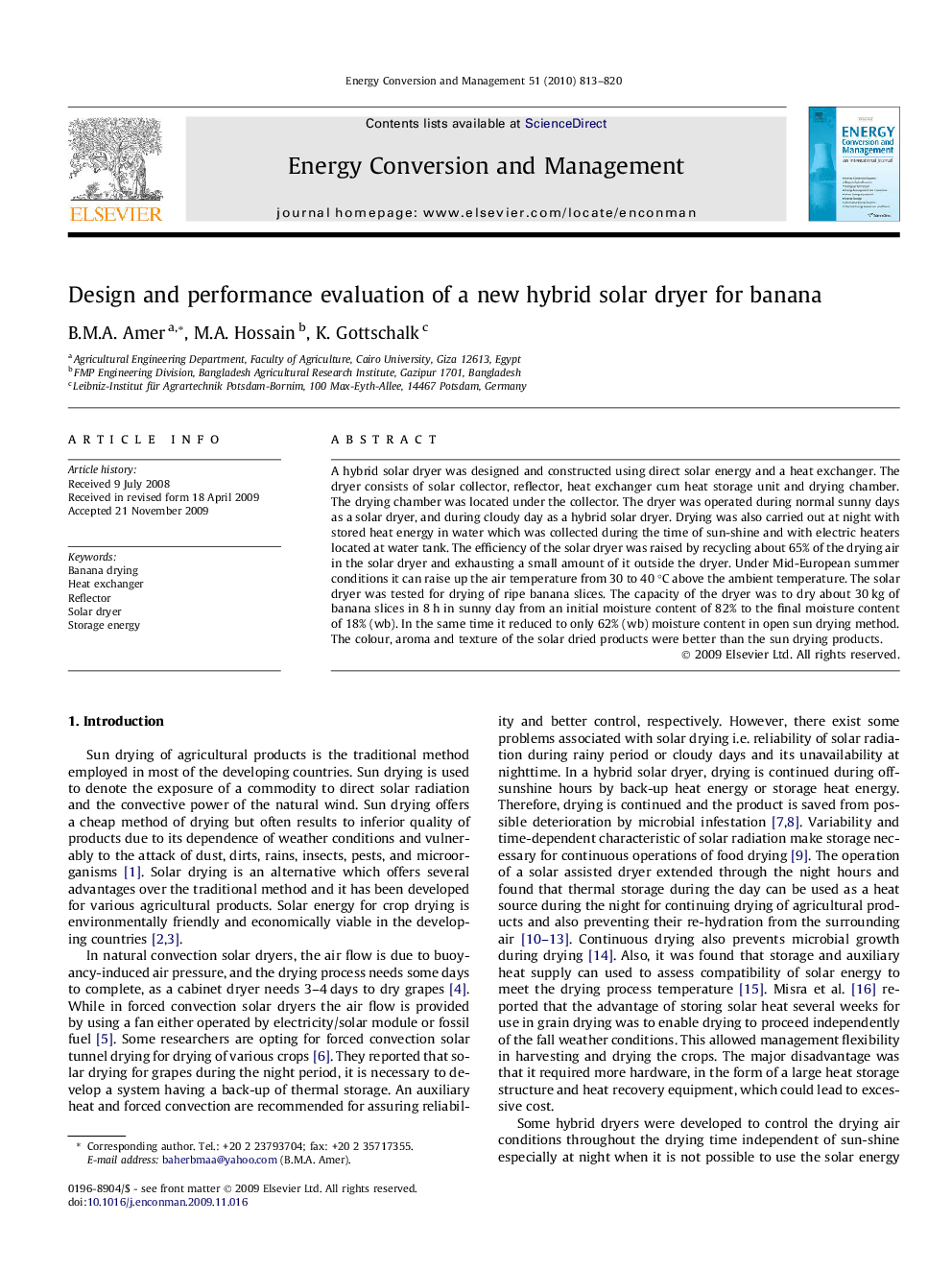 Design and performance evaluation of a new hybrid solar dryer for banana