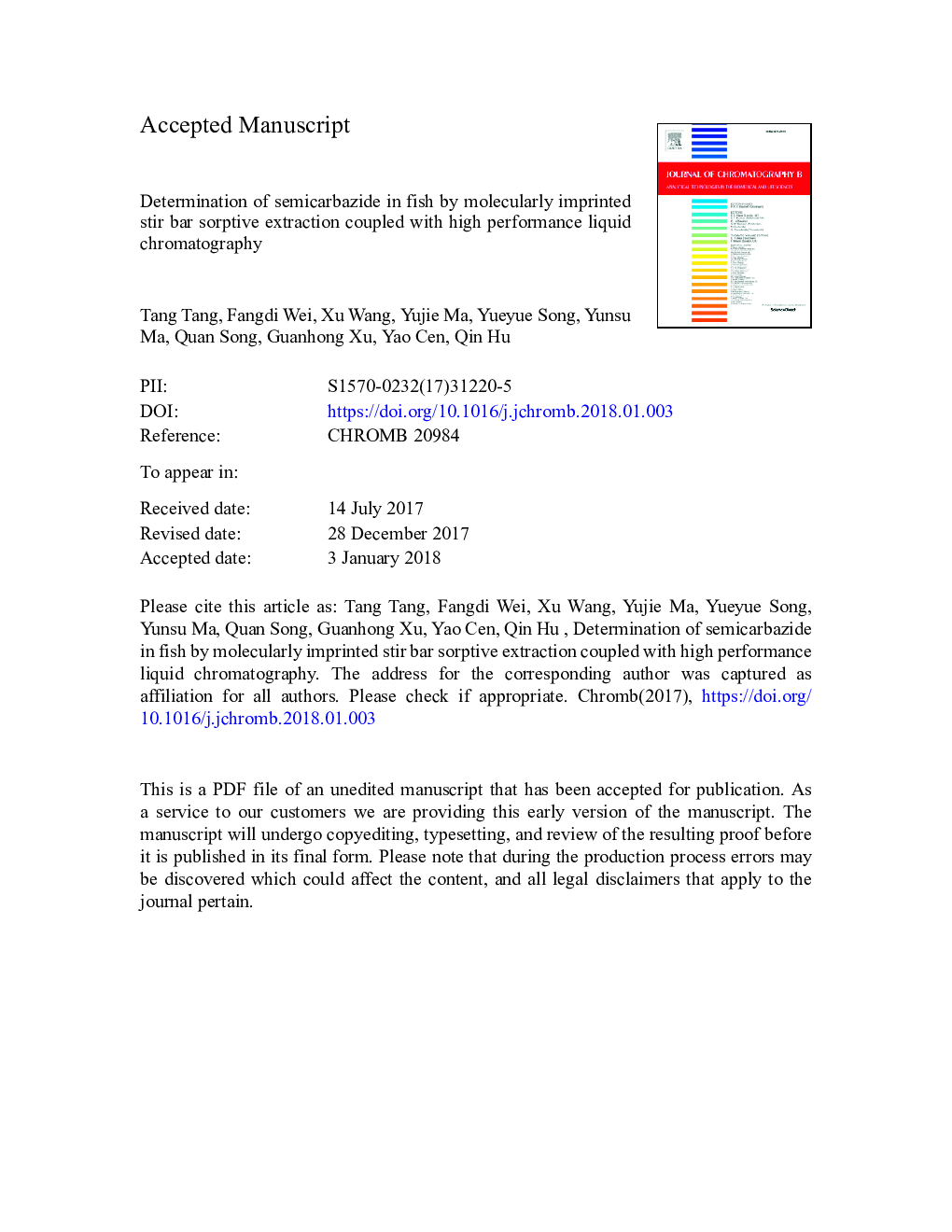 Determination of semicarbazide in fish by molecularly imprinted stir bar sorptive extraction coupled with high performance liquid chromatography