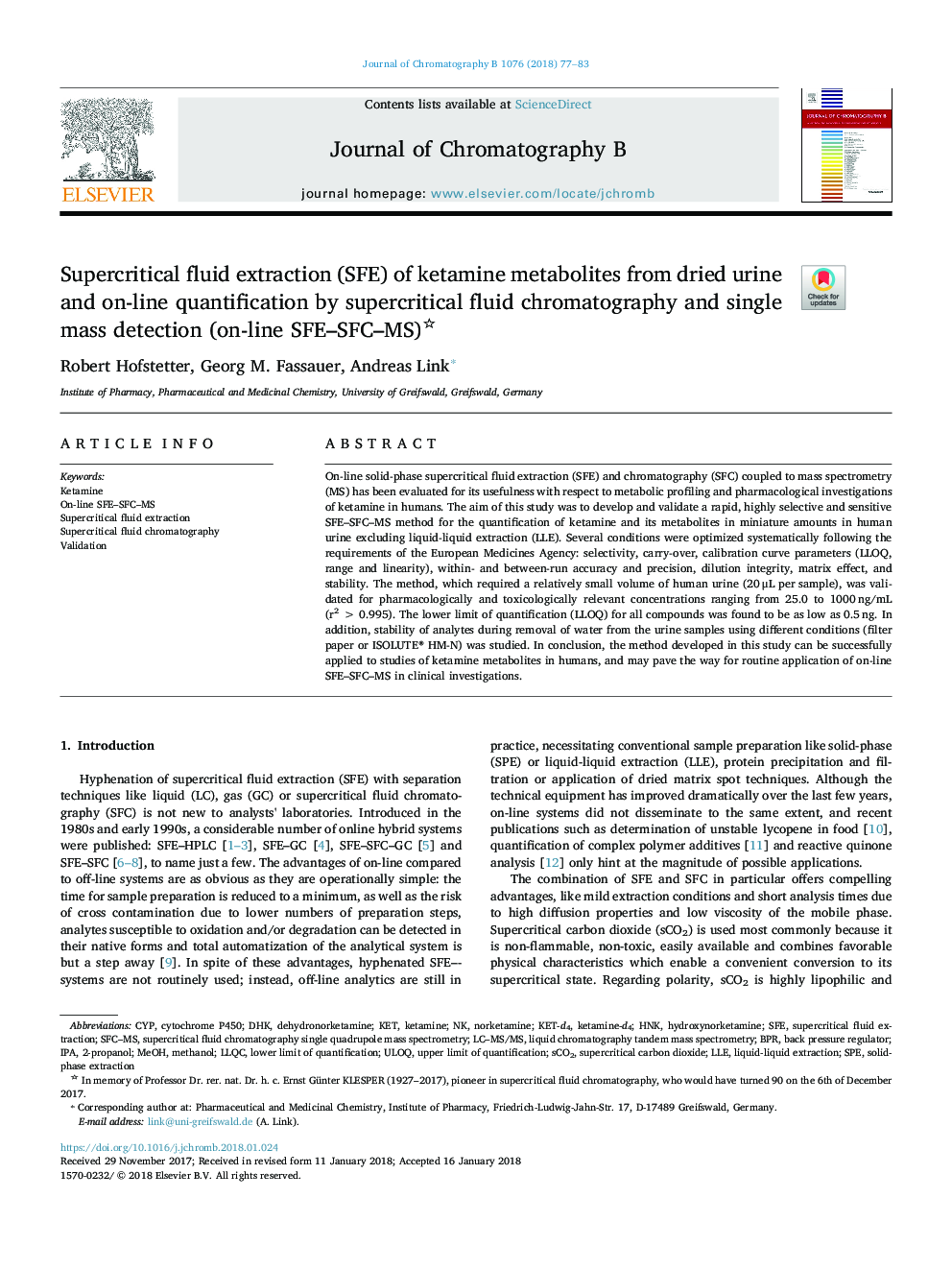 Supercritical fluid extraction (SFE) of ketamine metabolites from dried urine and on-line quantification by supercritical fluid chromatography and single mass detection (on-line SFE-SFC-MS)