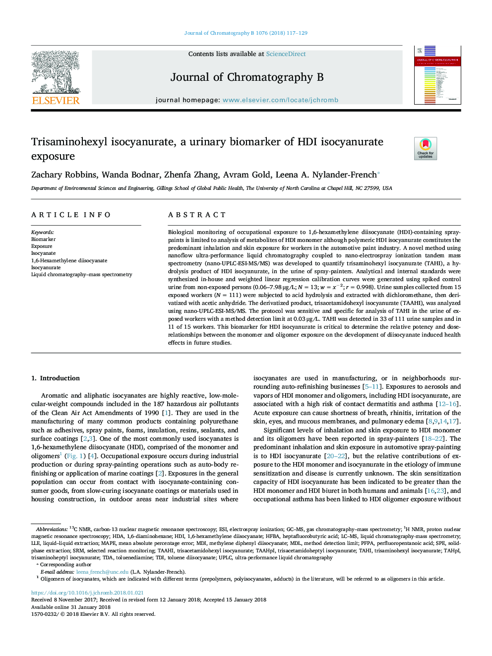 Trisaminohexyl isocyanurate, a urinary biomarker of HDI isocyanurate exposure