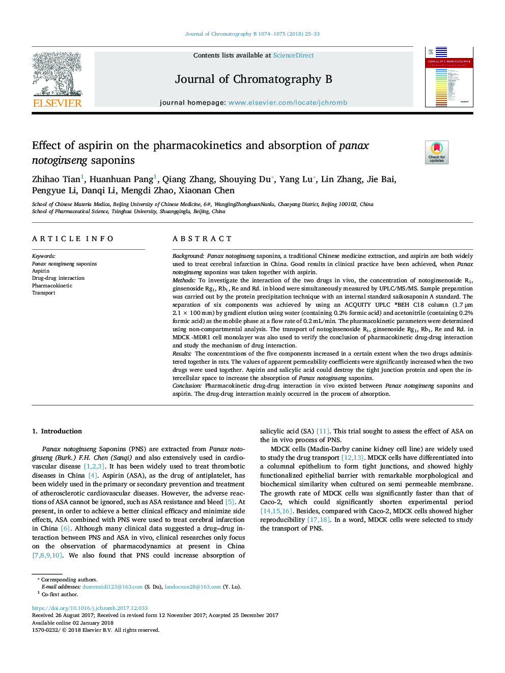 Effect of aspirin on the pharmacokinetics and absorption of panax notoginseng saponins