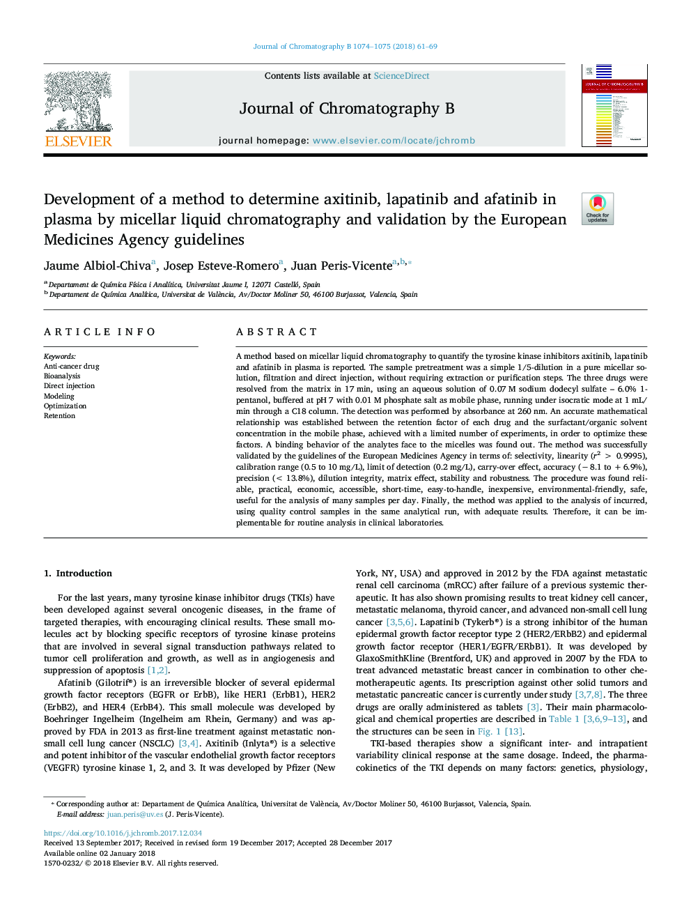 Development of a method to determine axitinib, lapatinib and afatinib in plasma by micellar liquid chromatography and validation by the European Medicines Agency guidelines