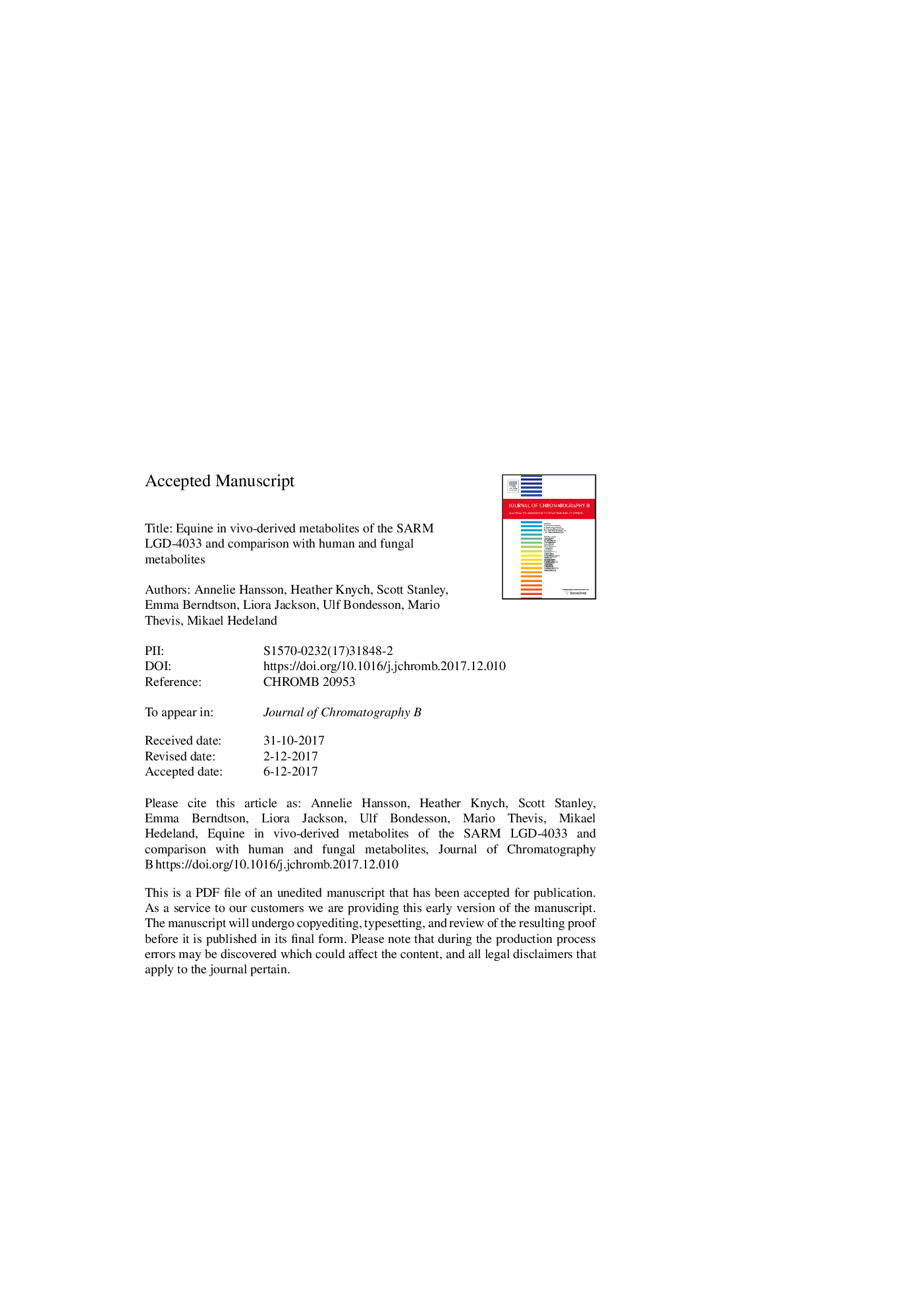 Equine in vivo-derived metabolites of the SARM LGD-4033 and comparison with human and fungal metabolites