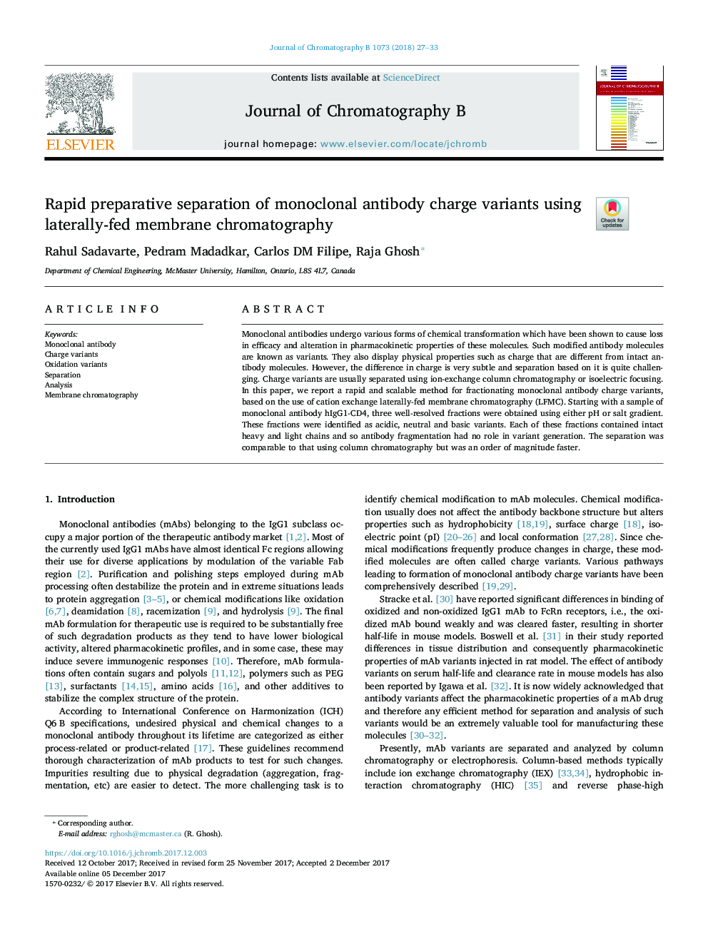 جداسازی سریع از انواع شارژ آنتی بادی مونوکلونال با استفاده از کروماتوگرافی غشاء تغذیه به روش جانبی 