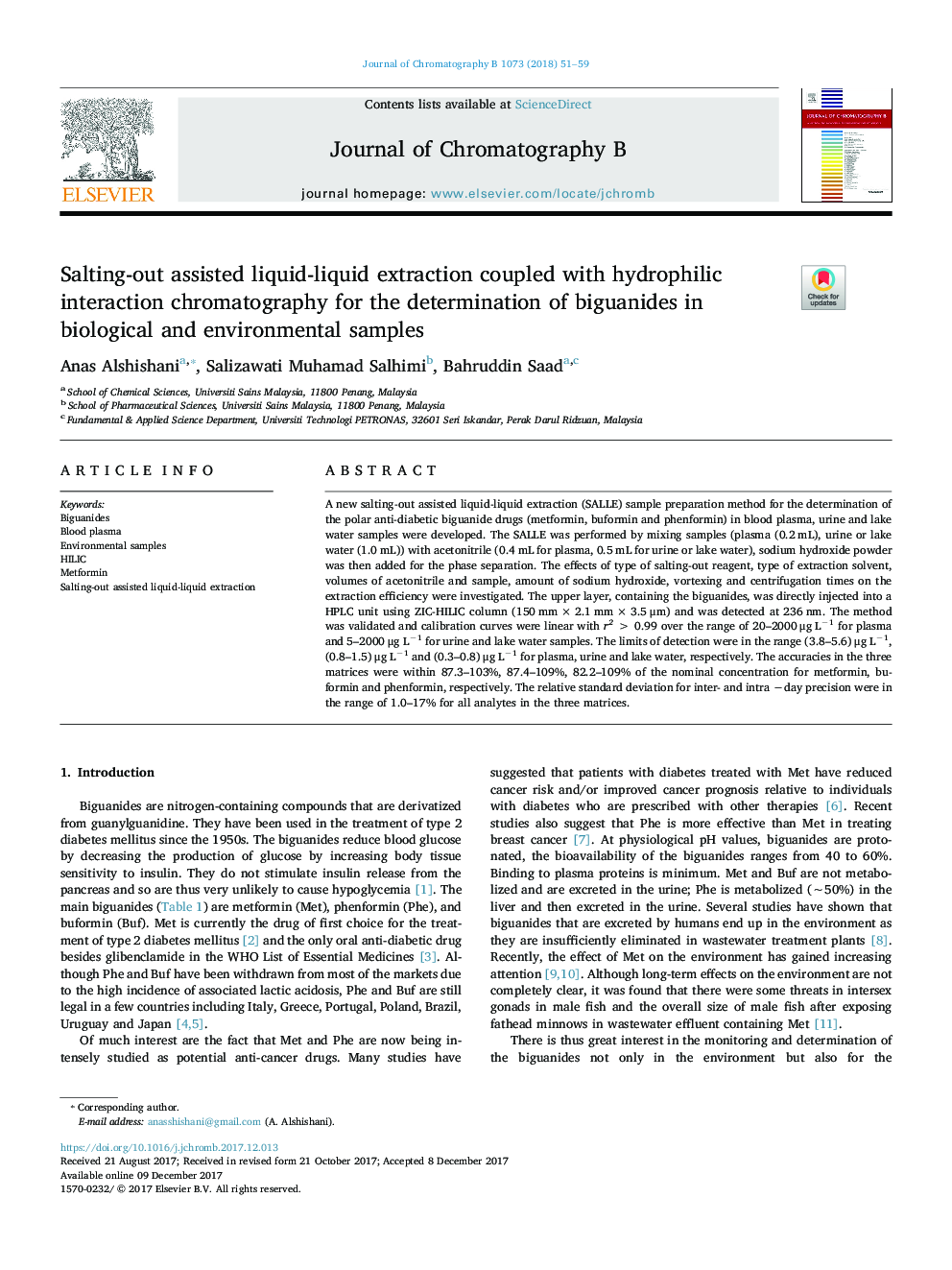 Salting-out assisted liquid-liquid extraction coupled with hydrophilic interaction chromatography for the determination of biguanides in biological and environmental samples