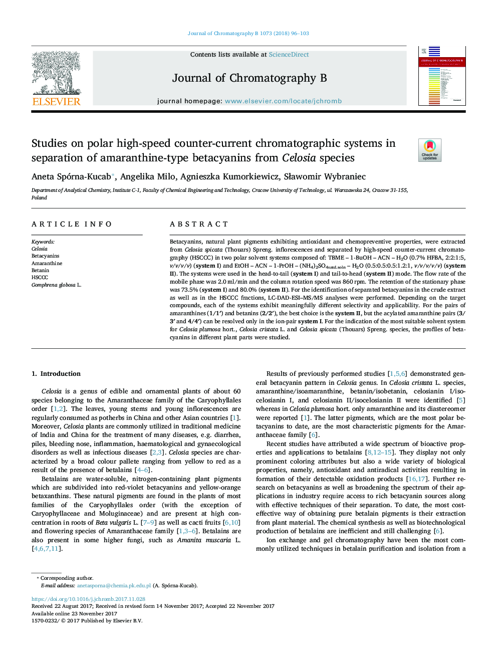 Studies on polar high-speed counter-current chromatographic systems in separation of amaranthine-type betacyanins from Celosia species