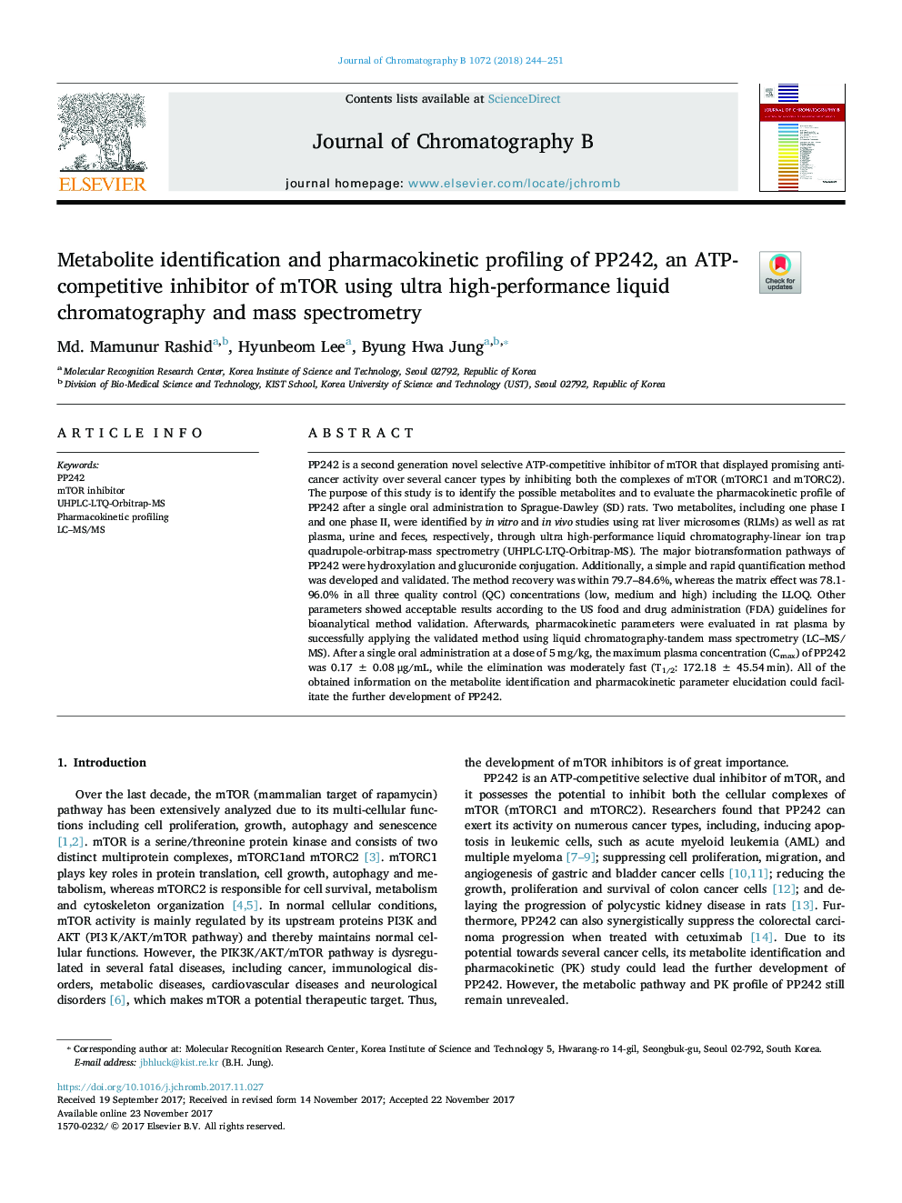 Metabolite identification and pharmacokinetic profiling of PP242, an ATP-competitive inhibitor of mTOR using ultra high-performance liquid chromatography and mass spectrometry