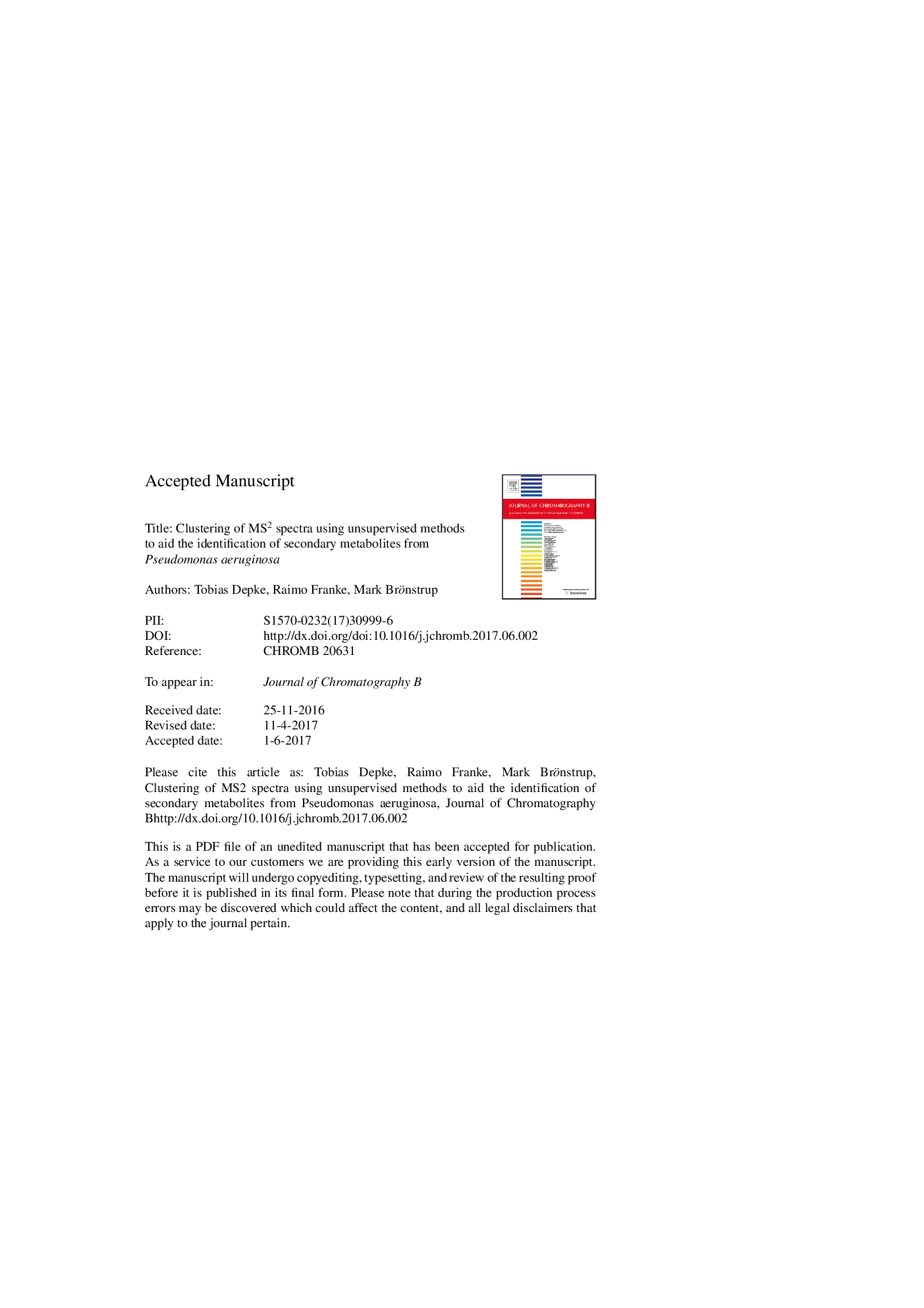 Clustering of MS2 spectra using unsupervised methods to aid the identification of secondary metabolites from Pseudomonas aeruginosa